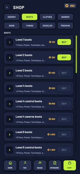 The shop's boots shelf, ten levels of boots with prices in coins.